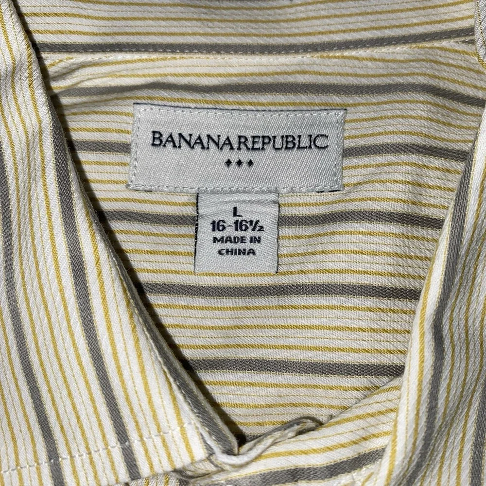 Banana Republic Button Up Shirt Men's L 16-16.5 Yellow Gray‎ Stripe Long Sleeve